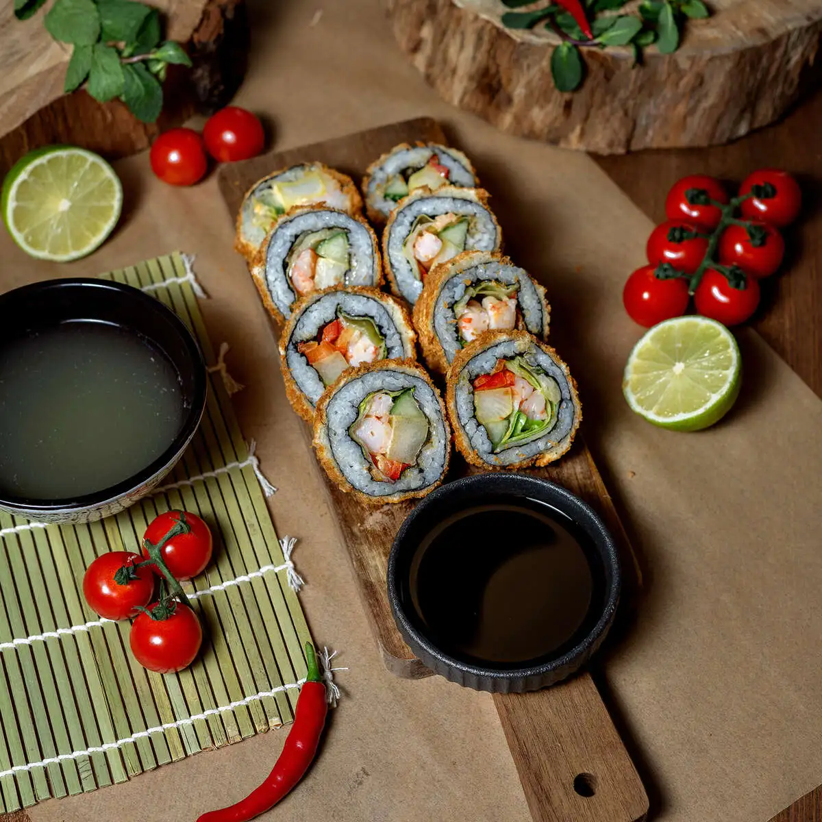 Кимпаб жареный с креветками и овощами
