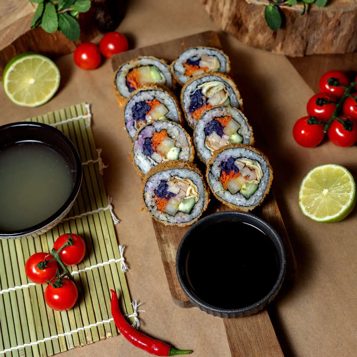 Кимпаб жареный с запеченной свининой свининой и овощами