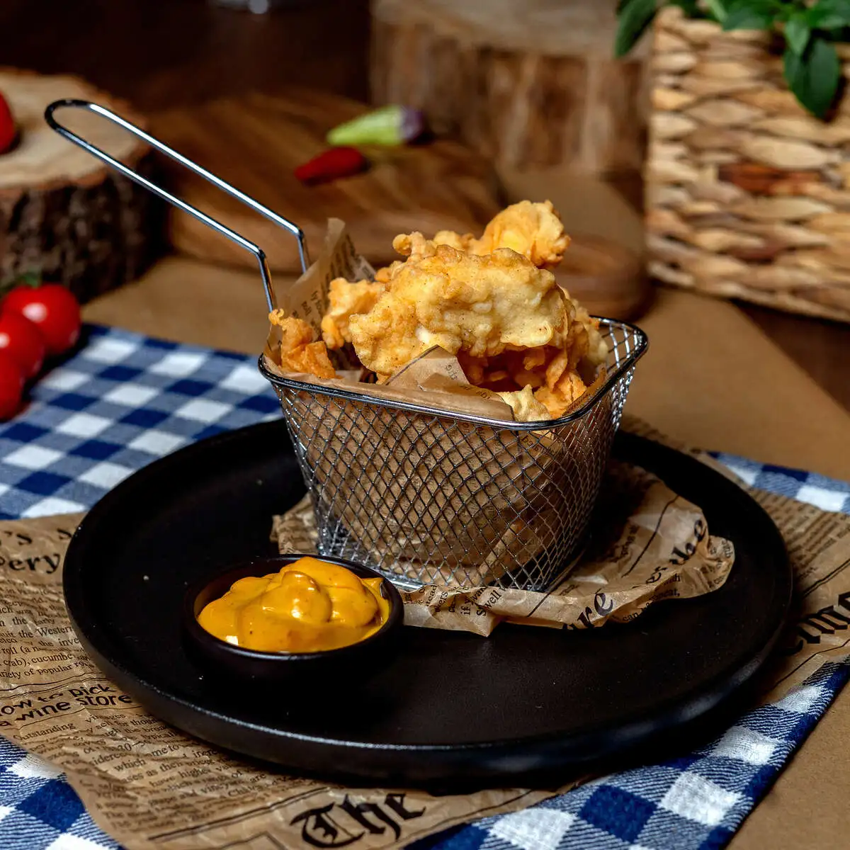 Стрипсы острые куриные с соусом 