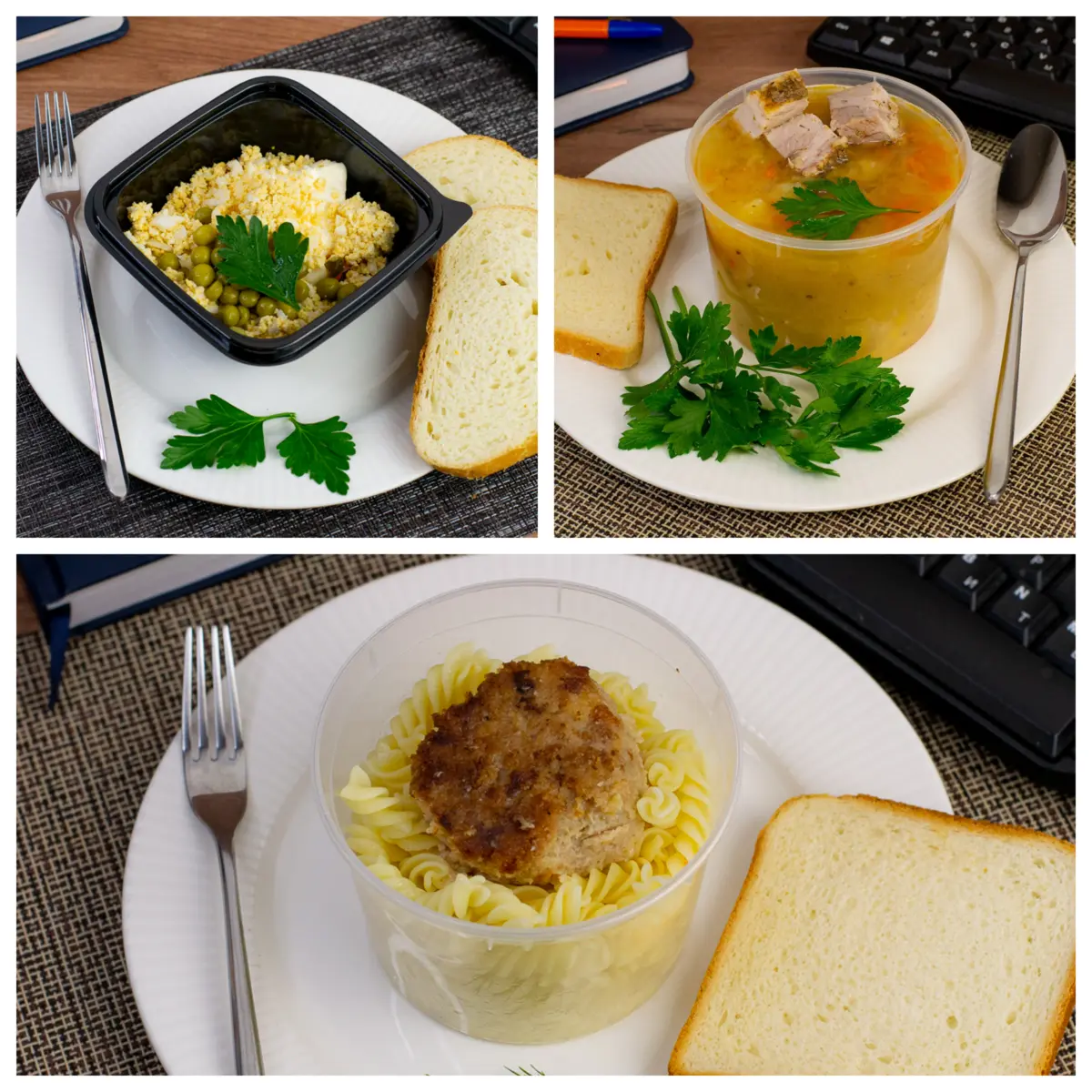 3 Мясной: Оливье, Томатно-гороховый, Котлета домашняя с макаронами